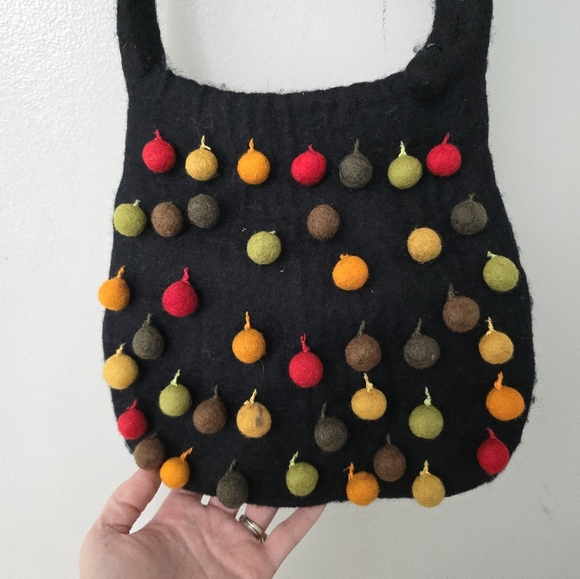 Multicolor Pom Pom Ball Purse Shoulder Bag 100% Wool Made In Nepal - Picture 2 of 11